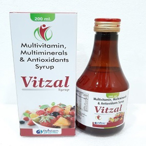 Product Name: VITZAL SYRUP, Compositions of VITZAL SYRUP are Multivitamin, Multimineral s & Antioxidants Drops - Biostem Pharma Pvt Ltd
