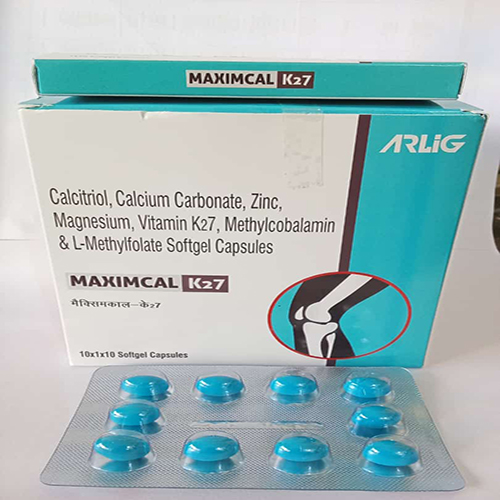 Product Name: MAXIMCAL K27, Compositions of MAXIMCAL K27 are Calcitriol, Calcium Citrate , Zinc Magnesium , Vitamin K27, Methylcobalamin & L-Methylfolate Softgel Capsules  - Arlig Pharma