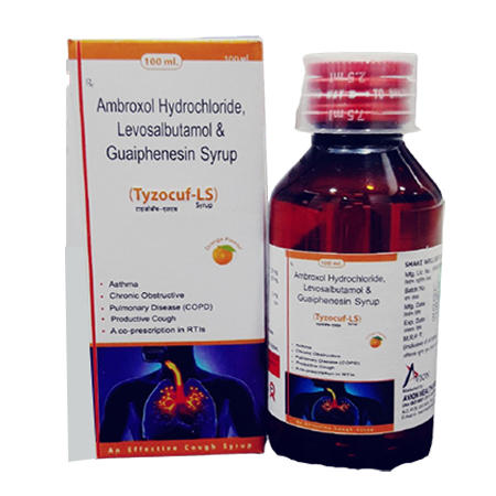 Product Name: Tyzocuf LS, Compositions of Tyzocuf LS are Amobroxol HCL, Levosalbutamol & Guaiphensin Syrup - Kevlar Healthcare Pvt Ltd