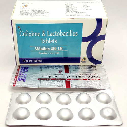 Product Name: Winflex 200 LB, Compositions of Winflex 200 LB are Cefixime & Lactobacillus Tablets - Peakwin Healthcare
