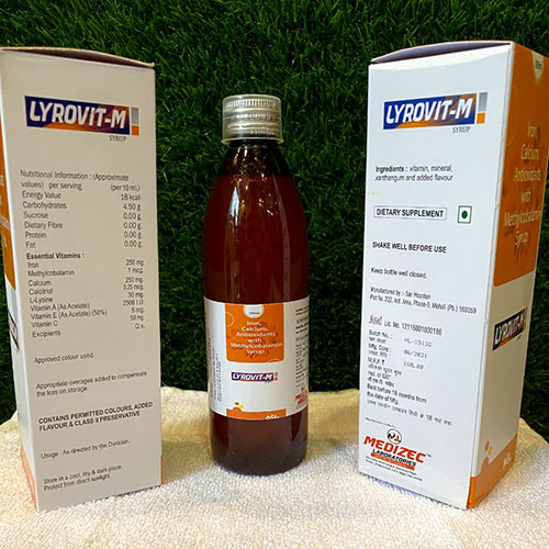 Product Name: Lyrovit M, Compositions of Lyrovit M are Iron,Calcium, Antioxidants with Methylcobalamin Syrup - Medizec Laboratories