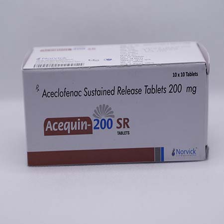 Product Name: ACEQUIN 200 SR, Compositions of ACEQUIN 200 SR are Aceclofenac Sustained Release 200 mg Tablets - Norvick Lifesciences
