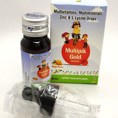 Product Name: Multipik Gold, Compositions of Multipik Gold are Multivitamin,Multiminerals,Zinc & L-Lysene Drops - Peakwin Healthcare