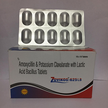 Product Name: ZOVIKOS 625 LB, Compositions of ZOVIKOS 625 LB are Amoxycillin & Potassium Clavulanate with Lactic Acid Bacillus Tablets - Apikos Pharma