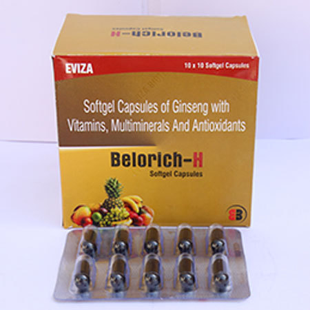 Product Name: Belorich H, Compositions of Belorich H are Softgel Capsules of Gingseng with Vitamins, Multiminerals And Antioxidants - Eviza Biotech Pvt. Ltd