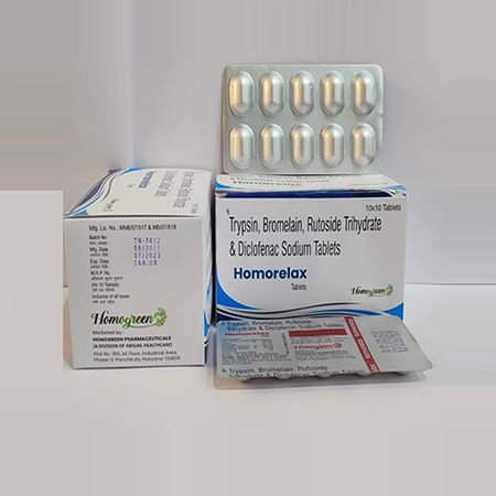 Product Name: Homorelax, Compositions of Homorelax are Trypsin Bromelain,Rutoside Trihydrate & Diclofenac Sodium Tablets - Abigail Healthcare