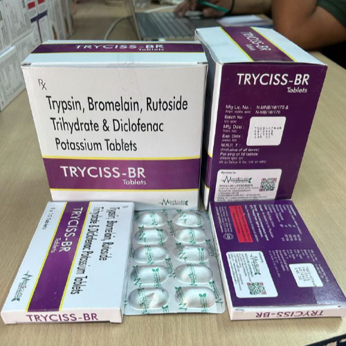 Product Name: , Compositions of  are Trypsin, Bromelain, Rutoside Trihydrate & Diclofenac Potassium Tablets - Medicure LifeSciences