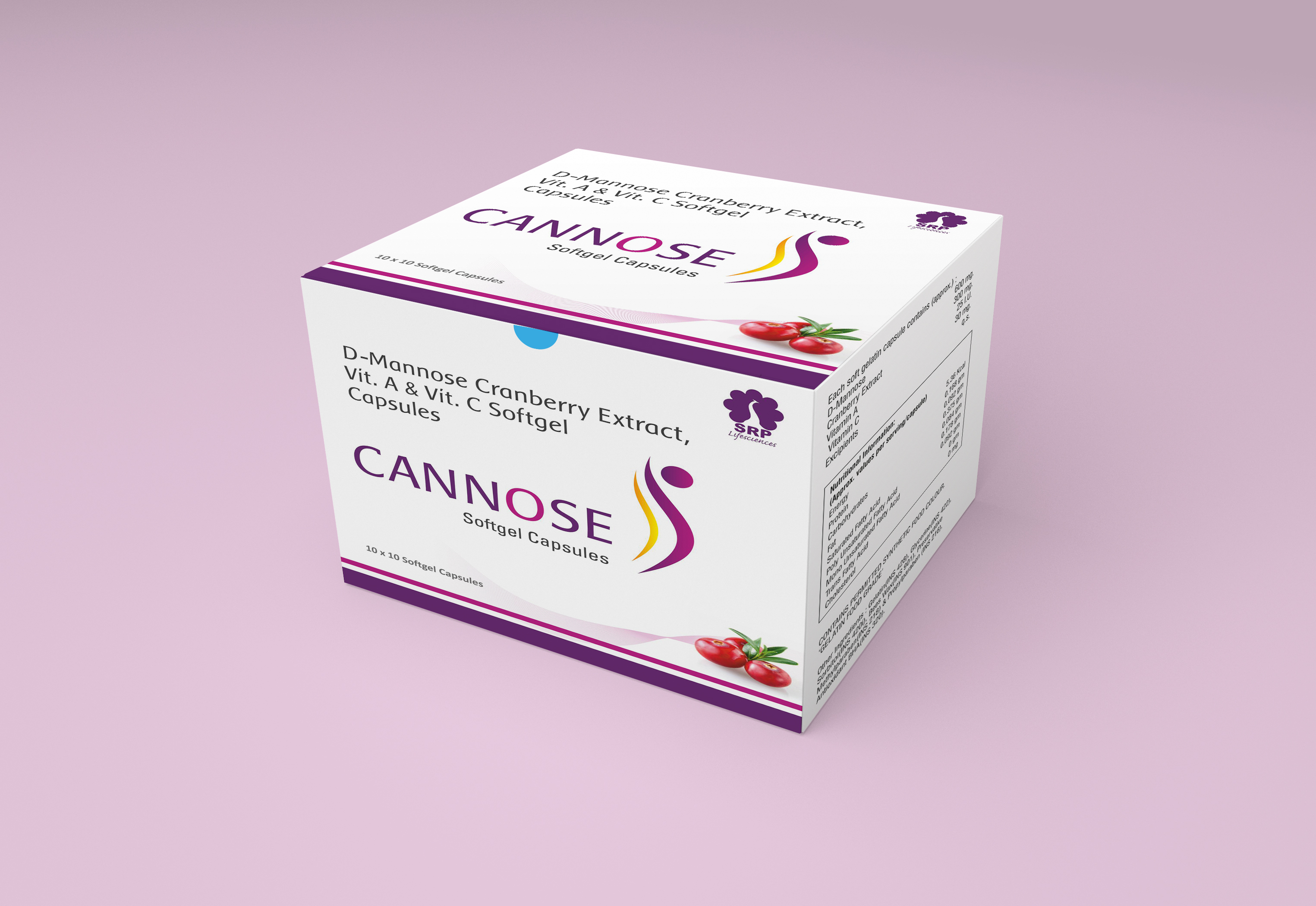 Product Name: CANNOSE, Compositions of CANNOSE are D-Mannose, Cranberry Extract, VIT. A & VIT. C Softgel Capsules - Cynak Healthcare