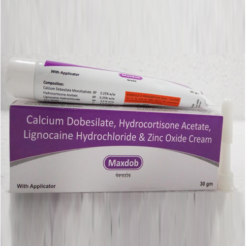 Product Name: MAXDOB, Compositions of MAXDOB are Calcium Dobesilate, Hydrocortisone Acetate, Lignocaine Hydrochloride & Zinc Oxide Cream - Biomax Biotechnics Pvt. Ltd