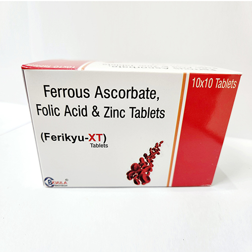 Product Name: Ferikyu XT, Compositions of Ferikyu XT are Ferrous Ascorbate, Folic Acid & Zinc Tablets - Bkyula Biotech