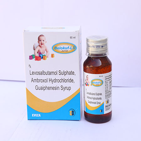 Product Name: Belokuf LS, Compositions of Belokuf LS are Levosalbutamol Sulphate Ambroxol Hydrochloride Guaiphenesin Syrup - Eviza Biotech Pvt. Ltd