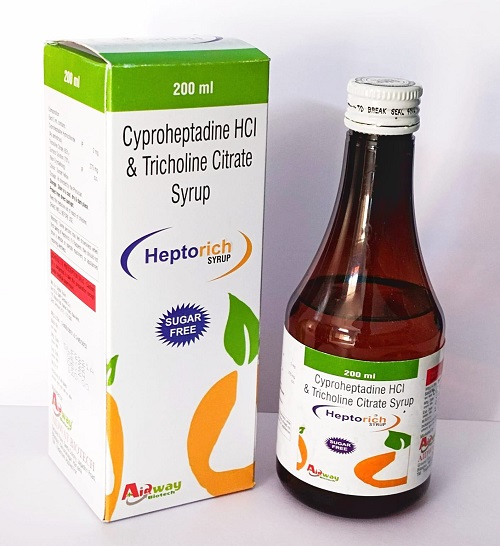 Product Name: Heptorich, Compositions of Heptorich are Cyproheptadine Hcl,Tricholine Citrate Syrup - Aidway Biotech