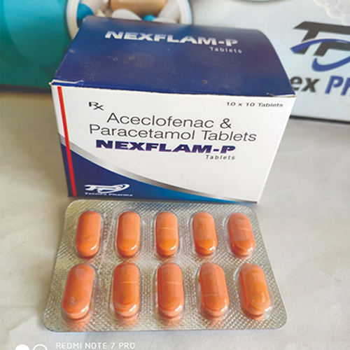 Product Name: NEXFLAM P, Compositions of NEXFLAM P are Aceclofenac & Paracetamol Tablets - Tecnex Pharma