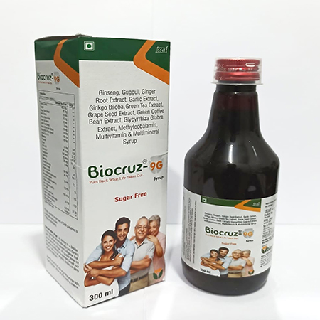 Product Name: BIOCRUZ 9G, Compositions of BIOCRUZ 9G are Ginseng Green Tea Extract Grape Seed Extract Ginkgo Biloba Garlic Powder Guggal Ginger Root Extract Multivitamin & Multimineral Syrup - Biocruz Pharmaceuticals Private Limited