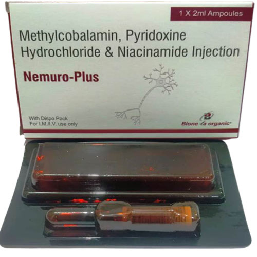 Product Name: Nemuro Plus, Compositions of Nemuro Plus are Each 2ml contains Methylcobalmin 1500mcg, Pyridoxine 100 mg, Niacinamide 100mg, Benzyl Alcohol - Bionexa Organic