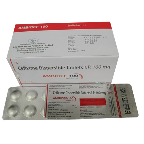 Product Name: Ambicef 100, Compositions of Ambicef 100 are Cefixime Dispersable Tablets IP 100mg - Lifecare Neuro Products Ltd.