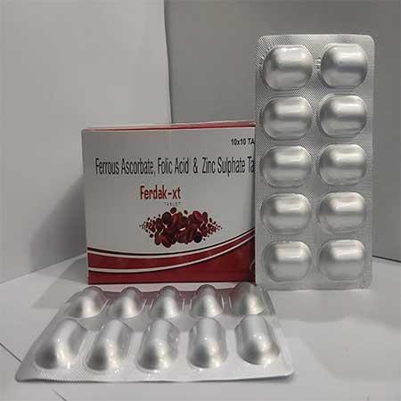 Product Name: Ferdak XT, Compositions of Ferdak XT are Ferrous Ascorbate,Folic Acid & Zinc Sulphate Tablets - Dakgaur Healthcare