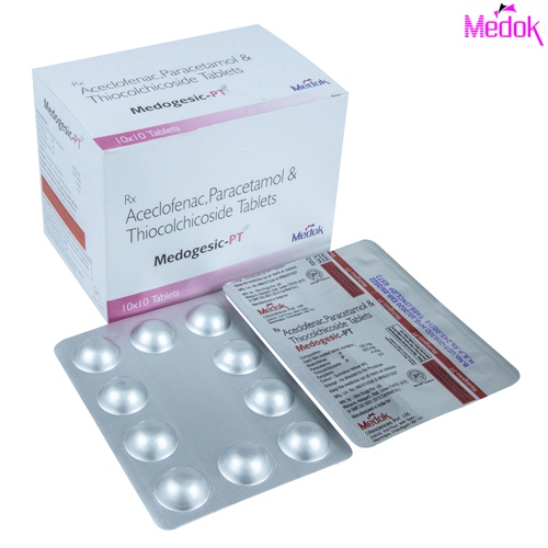 Product Name: Medogesic PT, Compositions of Medogesic PT are Aceclofenac 100 mg, Paracetamol 325 mg,Thiocolchicoside 4 mg (Alu-Alu) - Medok Life Sciences Pvt. Ltd