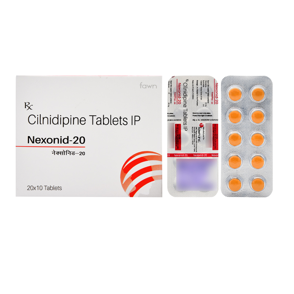 Product Name: NEXONID 20, Compositions of NEXONID 20 are Cilnidipine 20 mg. - Fawn Incorporation