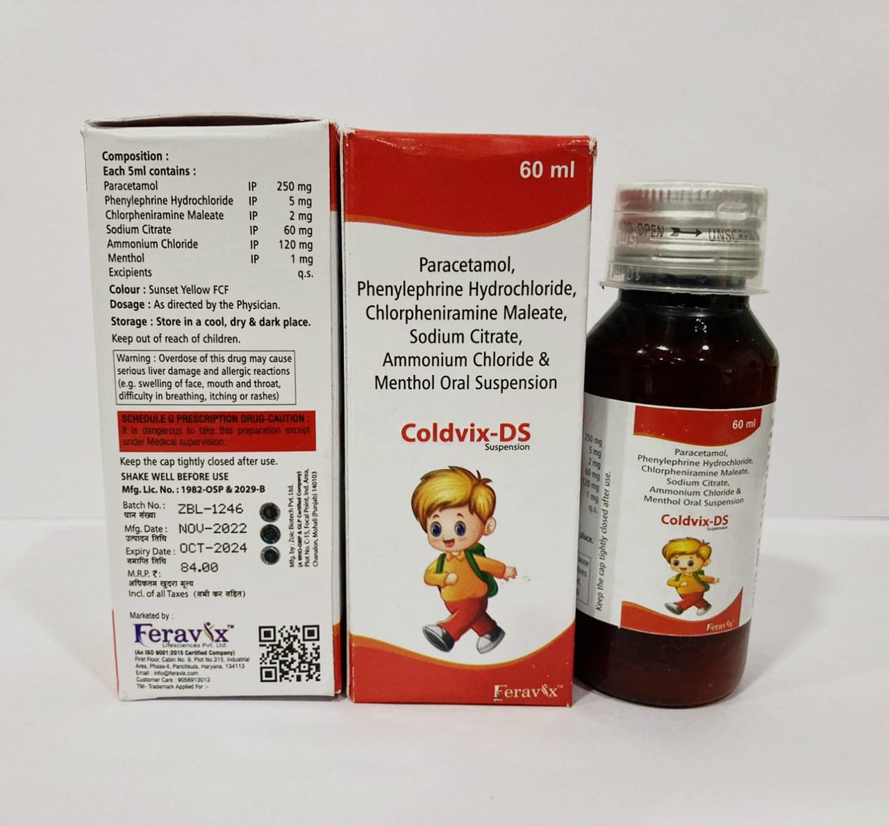 Product Name: COLDVIX DS SYRUP, Compositions of COLDVIX DS SYRUP are PARACETAMOL 250MG Phenylephrine Hydrochloride 5mg, Chlorpheniramine Maleate 2mg, sodium citrate 60 mg, Ammonium Chlroide 120mg, Menthol 1mg Excipients q s - Feravix Lifesciences