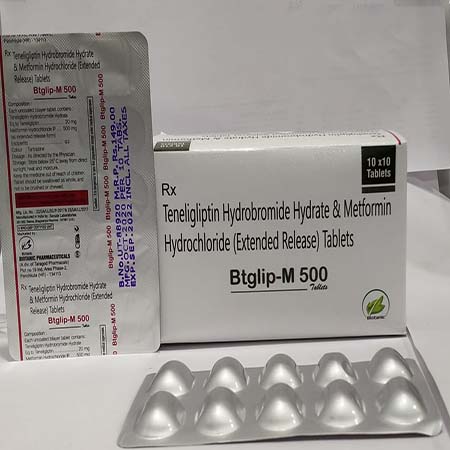 Product Name: Btglip M 500, Compositions of are Teneligliptin Hydrobromide Hydrate & Metfortin Hydrochloride (Extended Release)Tablets - Biotanic Pharmaceuticals