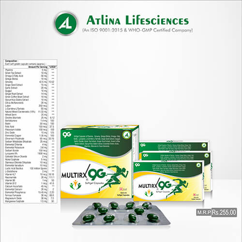 Product Name: Multirx 9G, Compositions of Multirx 9G are Omega-3 Fatly Acid,EPA & DHA,Calcitrol,Methylcobalamin,Folic Acid Boron & Calcium Carbonate Softgel Capsules - Atlina LifeSciences Private Limited