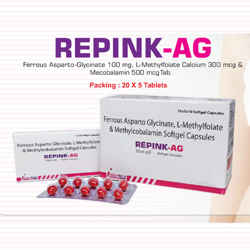 Product Name: Repink AG, Compositions of Repink AG are Ferrous Asparto Glycinate,L-Methylfolate & Methylcobalamin Softgel Capsules - Pharma Drugs and Chemicals