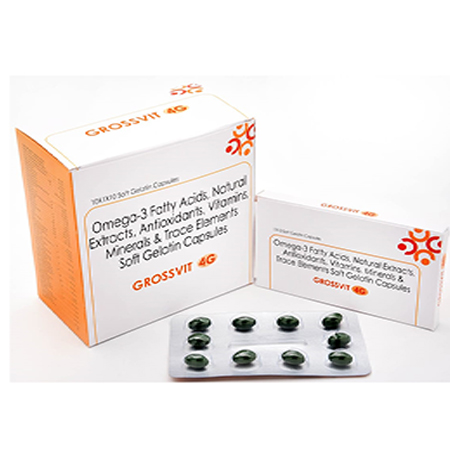 Product Name: GROSSVIT 4G, Compositions of GROSSVIT 4G are Omega 3 Fatty Acids,Natural Extract, Multivitamin, Multiminerals with Antioxidants and Trace  Elements Soft Gelatin Capsules - Cista Medicorp