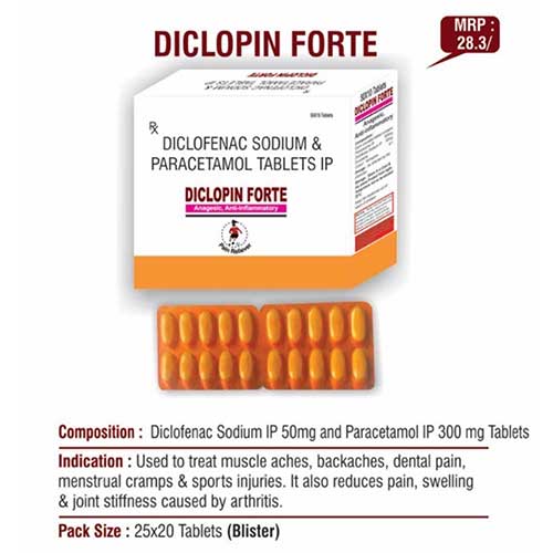 Product Name: Diclopin Forte, Compositions of Diclopin Forte are Diclofenac Sodium & Paracetamol Tablets IP - Euphoria India Pharmaceuticals