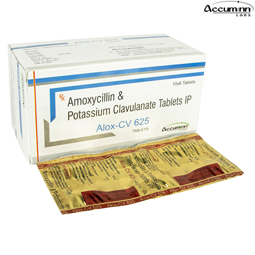 Product Name: Alox CV 625, Compositions of Alox CV 625 are Amoxycillin & Potassium Clavulanate Tablets IP - Accuminn Labs
