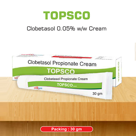 Product Name: Topsco , Compositions of Topsco  are Clobetasol 0.05%  w/w Cream - Scothuman Lifesciences