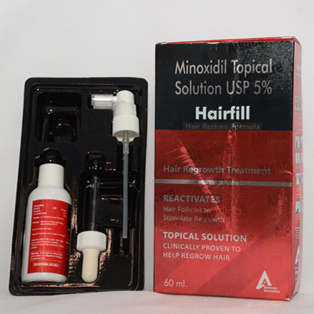 Product Name: HAIRFILL, Compositions of HAIRFILL are Minoxidil Topical Solutions USP 5% - Alencure Biotech Pvt Ltd