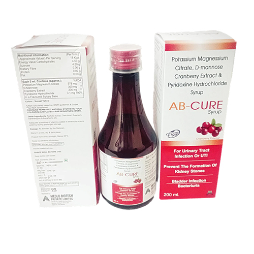 Product Name: AB CURE, Compositions of AB CURE are Potassium Magnessium Citrate, D-mannose Cranberry Extract & Pyridoxine Hydrochloride Syrup - Medlo Biotech