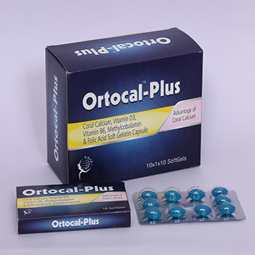 Product Name: ORTOCAL PLUS, Compositions of ORTOCAL PLUS are Coral Calcium, VItamin D3, Vitamin B6, Methylcobalamin & Folic Acid Softgel Capsules - Biomax Biotechnics Pvt. Ltd
