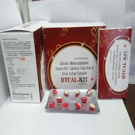 Product Name: Btcal K27, Compositions of Btcal K27 are Calcium Methylcobalamin Vitamin K27,Calcitrol,Folic Acid & Boron Softgel Capsules - Biotanic Pharmaceuticals