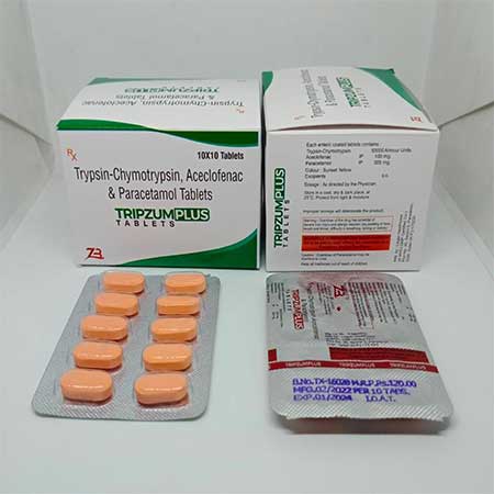 Product Name: Tripzum Plus, Compositions of Tripzum Plus are Trypsin-Chymotrypsin,Aceclofenac & Paracetamol Tablets - Zumax Biocare