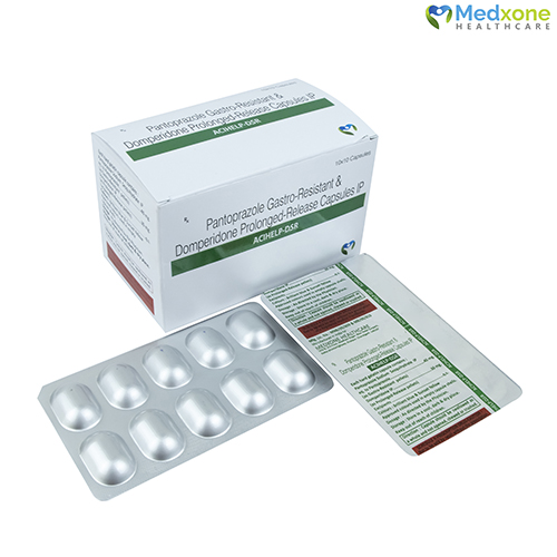 Product Name: ACIHELP DSR, Compositions of ACIHELP DSR are Pantoprazole Gastro Resistant & Domperidone Prolonged Release Capsules IP - Medxone Healthcare
