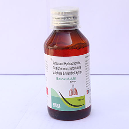 Product Name: Belocuf AM, Compositions of Belocuf AM are Ambroxol Hydrochloride, Guaiphensin, Terbutline Sulphate & Menthol Syrup - Eviza Biotech Pvt. Ltd