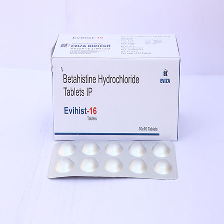 Product Name: Evihist 16, Compositions of Evihist 16 are Betahistine Hydrochloride Tablets IP - Eviza Biotech Pvt. Ltd