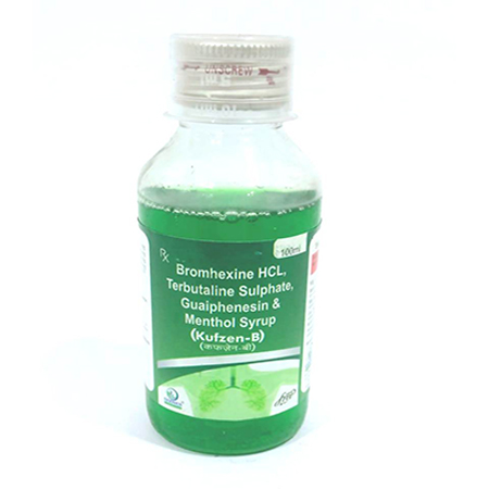 Product Name: KUFZEN B, Compositions of Bromhexine HCL, Terbutaline Sulphate, Guaiphensin & Menthol Syrup are Bromhexine HCL, Terbutaline Sulphate, Guaiphensin & Menthol Syrup - Ozenius Pharmaceutials