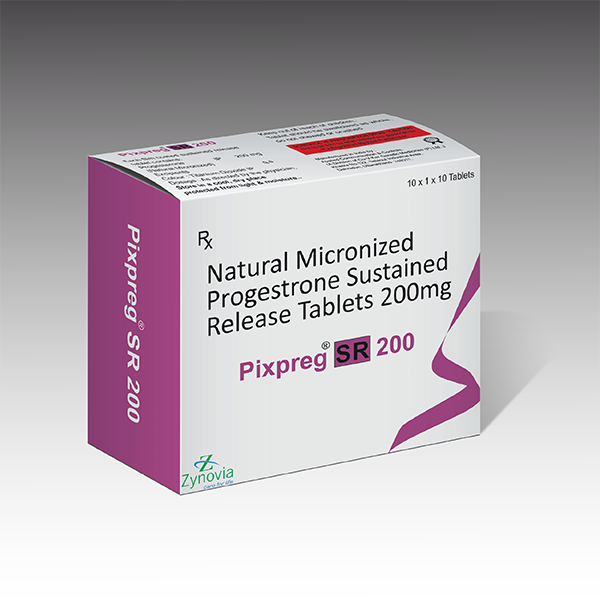 Product Name: pixpreg SR 200, Compositions of pixpreg SR 200 are Natural Micronized progestrone Sustained Rellease Tablets 200mg - Zynovia Lifecare