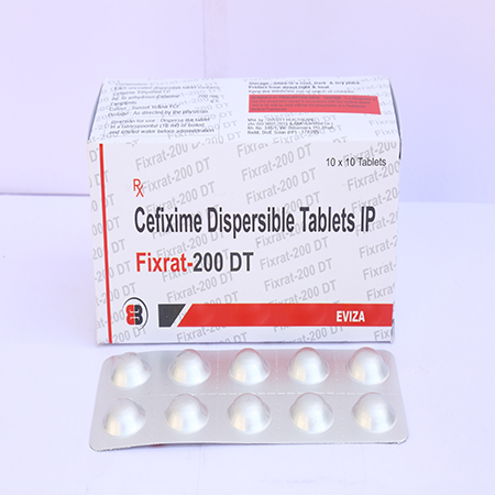 Product Name: Fixrat 200 DT, Compositions of Fixrat 200 DT are Cefixime Dispersable Tablets IP - Eviza Biotech Pvt. Ltd
