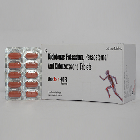 Product Name: DECLAN MR, Compositions of DECLAN MR are Diclofenac Potassium, Paracetamol And Chlorzoxazone Tablets - Alencure Biotech Pvt Ltd