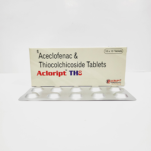 Product Name: Acloript TH8, Compositions of Acloript TH8 are Aceclofenac Thiocolchicoside Tablets  - Kript Pharmaceuticals