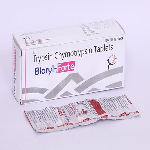 Product Name: BIORYL FORTE, Compositions of BIORYL FORTE are Trypsin Chymotrypsin Tablets - Biomax Biotechnics Pvt. Ltd