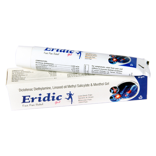 Product Name: Eridic Gel, Compositions of Eridic Gel are Diclofenac Diethylamine Linseed oil Methyl Salicytate & Menthol Gel - Erika Remedies