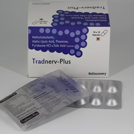 Product Name: Tradnerv Plus, Compositions of Tradnerv Plus are Methylcobalamin, Alpha Lipoic Acid, Thiamine, Pyridoxine HCL & Folic Acid Capsules - Biodiscovery Lifesciences Pvt Ltd