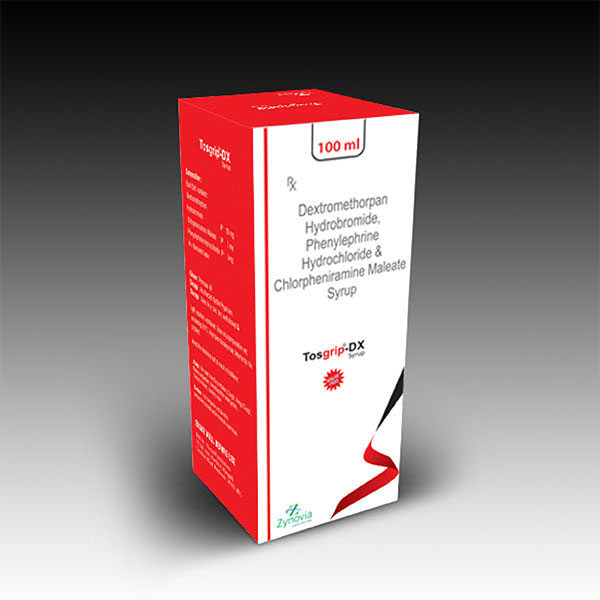 Product Name: Tosgrip DX, Compositions of Tosgrip DX are Dextromethorphan Hydrobromide, Phenylphrine Hydrochloride & Chlorpheniramine Maleate Syrup - Zynovia Lifecare