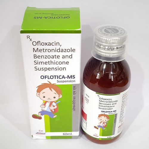 Product Name: Oflotica MS, Compositions of Oflotica MS are Ofloxacin Metronidazole Benzoate and Simethicone - Almatica Pharmaceuticals Private Limited