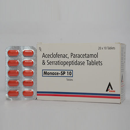 Product Name: MONACE SP 10, Compositions of MONACE SP 10 are Aceclofenac, Paracetamol & Serratiopeptidase Tablets - Alencure Biotech Pvt Ltd